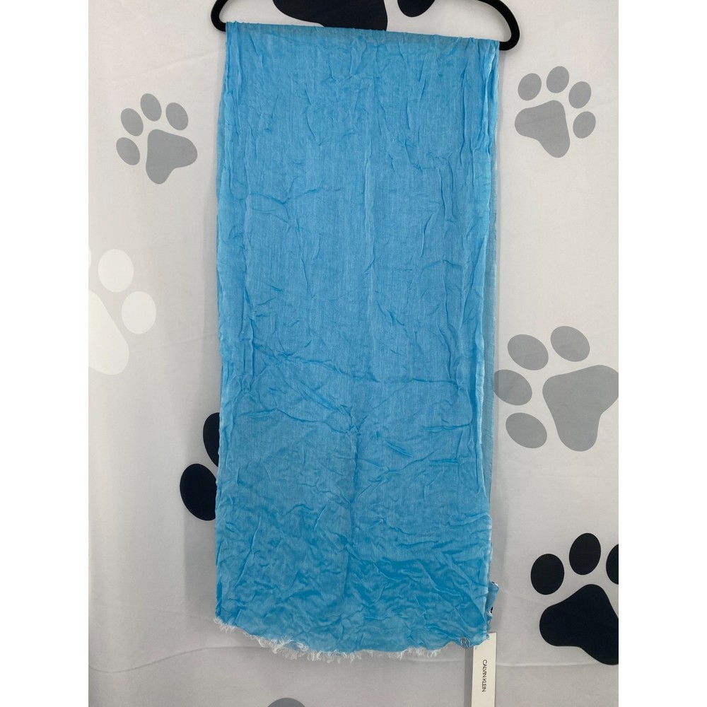 Calvin Klein NWT Chambray Woven Oblong Scarf Fringe Raw Edge Sheer Blue OS New